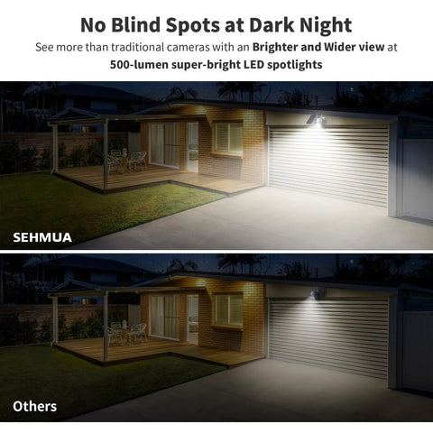 Comparison of backyard at night with solar outdoor wireless security camera with twelve 500 lumen LED spotlights, showing brightness levels.