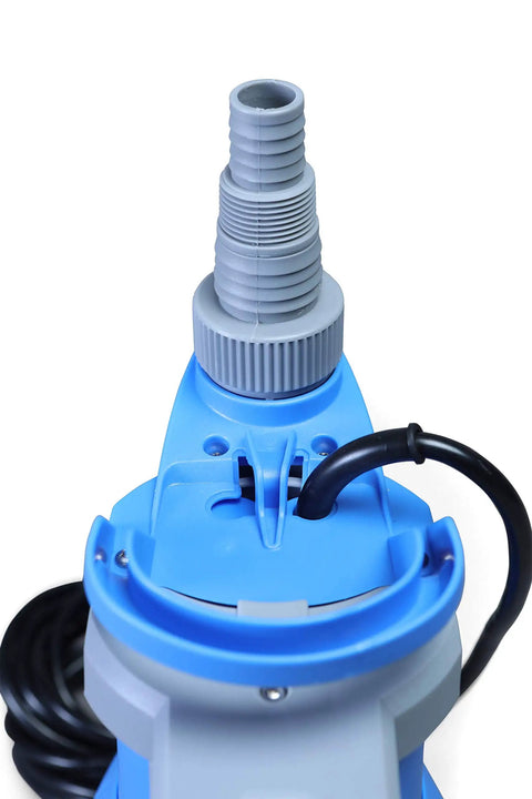 Close-up of Heavy Duty Submersible Sump Pump For Clean Or Dirty Water With Built In Auto On Off Switch, showing hose connection.