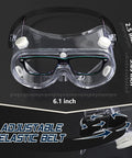 Anti-Fog Safety Goggles For Lab Use With ANSI Z87.1 Rating, Adjustable Fit Over Glasses Design shown with size details and elastic belt