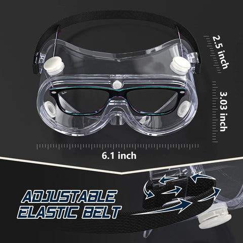 Anti-Fog Safety Goggles For Lab Use With ANSI Z87.1 Rating, Adjustable Fit Over Glasses Design shown with size details and elastic belt