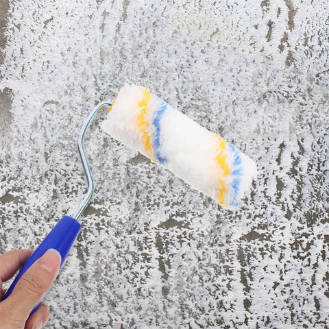 Twenty Piece Mini Paint Roller Covers For Hassle Free Wall Painting Quick Rinse And Sweet Smoothing Finish in use on textured wall.