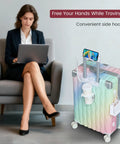 Woman using laptop next to Go To 20 Inch Carry On Luggage With Spinner Wheels And USB Port, featuring colorful finish.