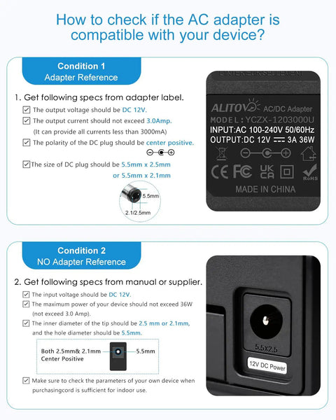 12V DC Power Supply 3A Universal AC Adapter 100-240V Input 50-60Hz To 12V Output Power Brick For LED Strip Lights CCTV Cameras PC Monitors And More With 5.5mm x 2.5mm Or 2.1mm DC Connector, compatibility guide