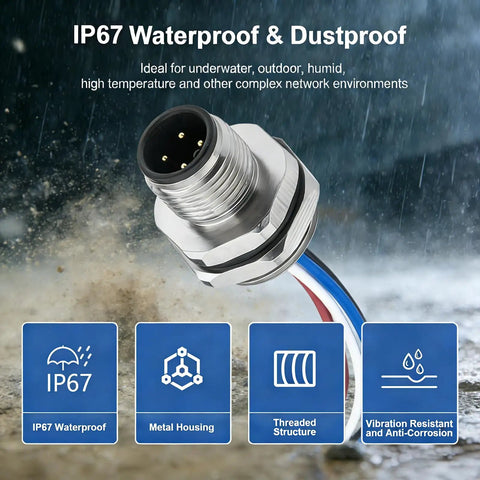 M12 4 Pin A Code Male Connector Cable 0.2M IP67 Waterproof Industrial Circular Connector Built Tough Back Mount Socket