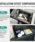 Comparison image showing Tesla Cybertruck Lower Console Organizer Pro for 2024 2025 2026 Models before and after installation.