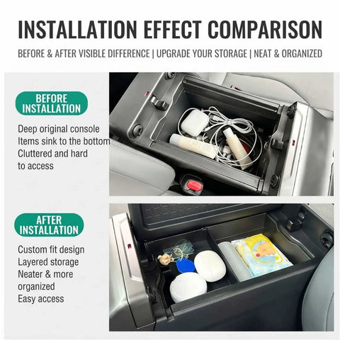 Before and after comparison of Hardcore Custom Console Organizer For Tesla Cybertruck, showing improved organized storage.