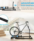Foldable Bike Roller Trainer With Seven Gears And Front Wheel Quick Release shown in home setting with telescopic stand for mountain bikes