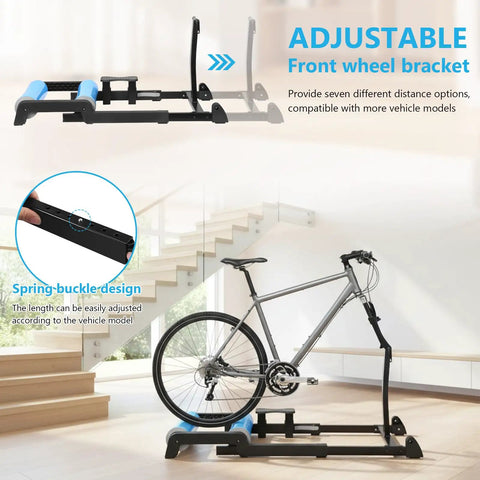 Foldable Bike Roller Trainer With Seven Gears And Front Wheel Quick Release shown in home setting with telescopic stand for mountain bikes