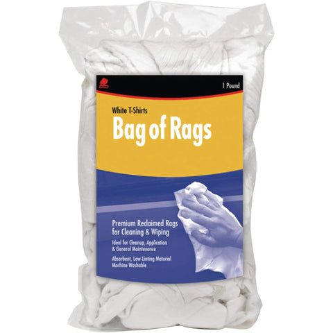 Bag of absorbent white T-shirt cloth rags for all-purpose cleaning, made from 100 percent recycled materials, lint-free quality