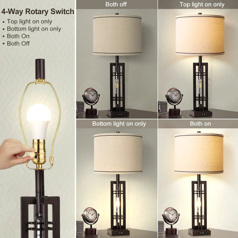 Tall Farmhouse End Table Lamps With Built In Outlets And USB Ports, showing various lighting settings and beige shade detail.
