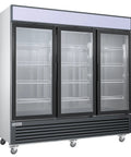 Heavy Hitter Commercial Merchandiser Freezer With Three Self Closing Glass Doors and visible adjustable shelving.