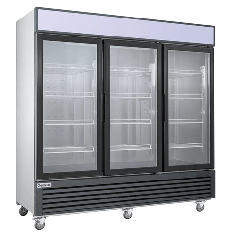 Heavy Hitter Commercial Merchandiser Freezer With Three Self Closing Glass Doors and visible adjustable shelving.