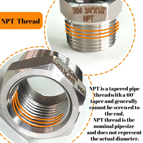 Two Pack Three Quarters Inch Male Npt To One Half Inch Female Npt Stainless Steel Hex Bushing Reducer Adapter 304 Stainless Steel Pipe Fitting Beefy Build Corrosion Resistant High Temp Perfect For Plumbing DIY NPT thread close-up