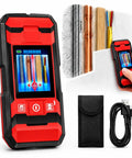 Multi Wall Scanner Stud Finder, Distance Meter Angle Gauge in red, detecting materials like rebar and pipes, includes USB cable.
