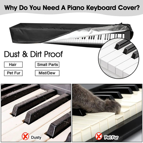 61 Key Piano Keyboard Dust Cover With Adjustable Drawstring, Waterproof Dustproof Electric Piano Cover For Digital Pianos shown with pet fur protection and dust resistance features.