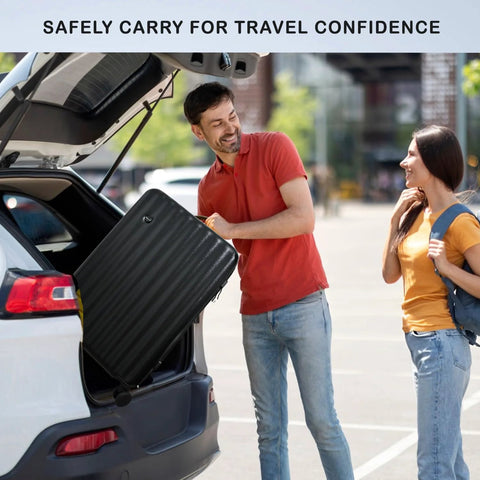 Man lifting TSA-approved 12 bottle wine travel case from car trunk for airline travel