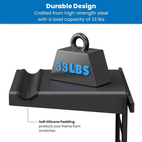 Close-up of Bike Wall Mount Rack with Shelf and Hooks showcasing 33 lb weight on a durable black steel finish with silicone padding.