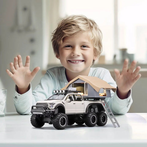 F150 Diecast Pickup Truck For Kids Ages 4-8 With Sightseeing Cabin Pull Back Car With Light And Sound Durable Zinc Alloy And ABS Realistic Details White with smiling child