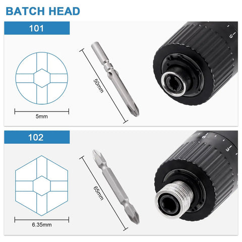 Electric Screwdriver Set With Adjustable Torque Ergonomic Anti Slip Grip And 6.35mm Bit Holder showing batch head sizes