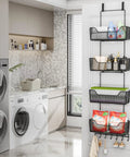Rock Solid Over The Door Organizer With Four Roomy Metal Baskets And Adjustable Coat Hook for storing cleaning supplies in laundry room.