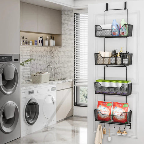 Rock Solid Over The Door Organizer With Four Roomy Metal Baskets And Adjustable Coat Hook for storing cleaning supplies in laundry room.