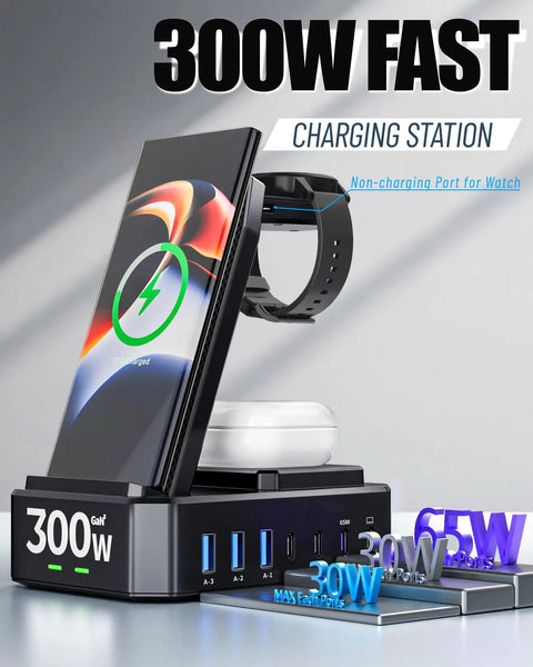 Beast 10 In 1 Wireless Charging Station With 7 USB C Ports, 65W Fast Charging Stand displayed with devices, highlighting 300W power