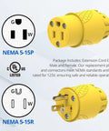 Electrical Replacement Plug And Connector Set For Extension Cords 15A 125V NEMA 5-15P and 5-15R 3-Prong UL Listed