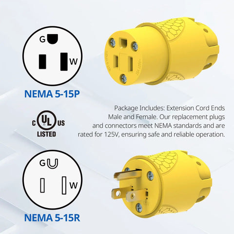 Electrical Replacement Plug And Connector Set For Extension Cords 15A 125V NEMA 5-15P and 5-15R 3-Prong UL Listed