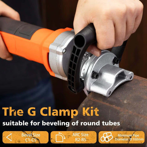 Handheld chamfer tool, orange body with silver metal head, side view beveling a pipe edge.