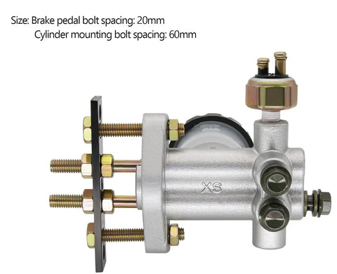 Side view of Go Kart Hydraulic Brake Master Cylinder Assembly for 90cc through 250cc with measurements displayed