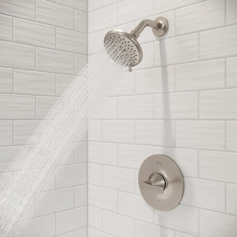 Weller Tub And Shower Valve Trim Kit With Single Handle Brushed Nickel Finish For OX8 Series, mounted on white tiled wall