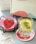 Pink Vintage Diamond Painting Coaster Kit 8 Pieces With Holder Dope Retro Funny Drinks Theme 5D DIY Full Drill Diamond Dot Art For Adults Beginners Gift Idea displayed with glass on coaster
