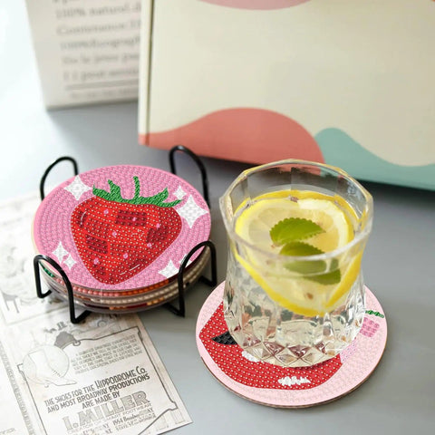 Pink Vintage Diamond Painting Coaster Kit 8 Pieces With Holder Dope Retro Funny Drinks Theme 5D DIY Full Drill Diamond Dot Art For Adults Beginners Gift Idea displayed with glass on coaster