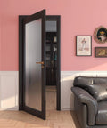 32 By 80 Inch Frosted Glass Slab Door With Sleek 1 Lite Glass, French Interior Style, installed in a living room with pink walls.