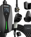 Heavy Duty Level 2 Ev Charger With 24 Amp Adjustable Output For Electric Vehicles wired with 25FT cable and display screen.