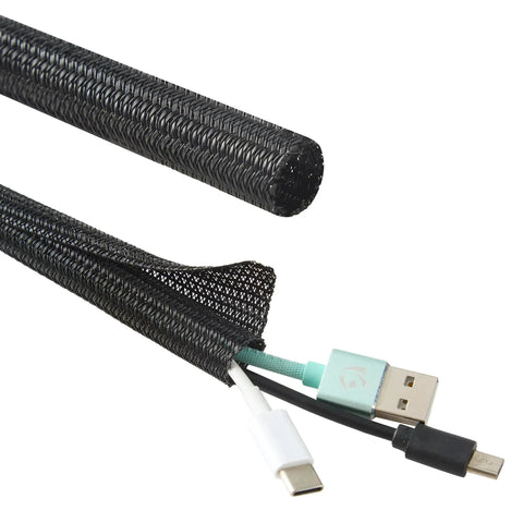 Split Wire Loom One Half Inch 50 Feet Braided Cable Sleeve wraps cables, showing braided design and split feature, black color
