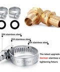 Heavy Duty Brass Garden Hose Repair Kit With Two Sets Of Male And Female Three Quarter Inch Barb Fittings Stainless Clamps And Extra Washers For Quick Leak Free Hose Repairs And No Fuss Outdoor Use