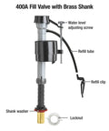 Heavy Duty Brass Shank Universal Toilet Fill Valve With Smooth Water Adjustment Dial And Preinstalled Washer For Real Quick Zero Hassle Swap Job In Matte Black Finish, showing components like refill tube and adjusting screw.