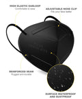 KN95 Face Mask Bulk Pack 60 Count Cup Style Disposable Respirator With Five-Layer Filtration For PM2.5 Safety Comfortable Skin-Friendly Fit Black Everyday Use Travel And Work, showcasing a black cup-style mask with adjustable nose clip and high elastic ear loops