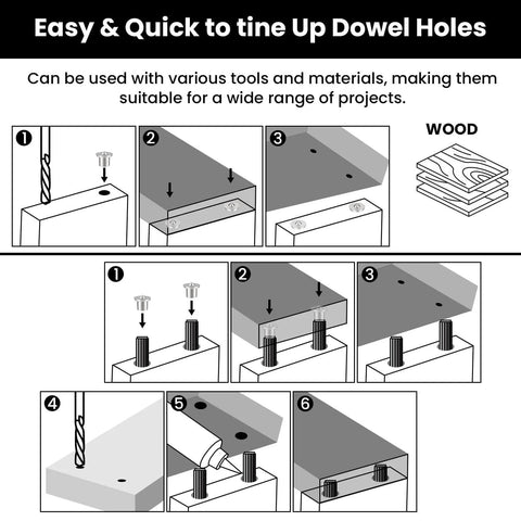 Diagram showing 20 Piece Dowel And Tenon Center Transfer Plugs Set For Woodworking used to align holes for accurate drilling.
