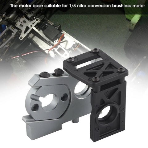 Front view of aluminum motor base with black mounting bracket for 1/8 scale RC brushless motor