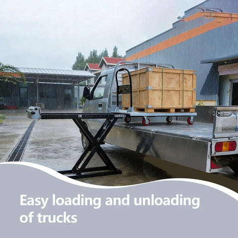 Heavy Duty Battery Powered Hydraulic Lift Table With Slide Rails For Trucks And Garages Offers 1100 Lb Capacity Zero Assembly Needed For Solo Workers To Load Cargo Safely And Effortlessly With Instant Electric Power And Comfort, positioned on a truck bed with a wooden crate.