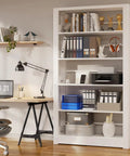 Beefy Metal Five Tier Adjustable Book Shelf In White Tall 68.9 Inches High By 36 Inches Wide Heavy Duty Bookcase next to desk
