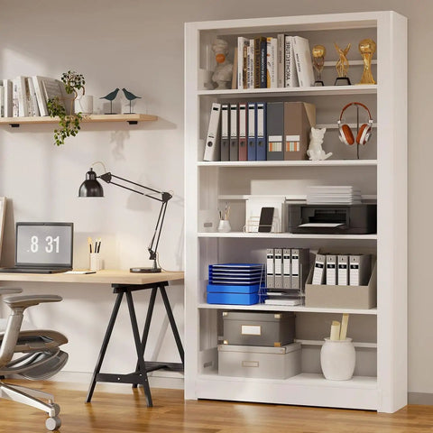 Beefy Metal Five Tier Adjustable Book Shelf In White Tall 68.9 Inches High By 36 Inches Wide Heavy Duty Bookcase next to desk