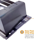 Extreme Duty Two To Three Hole Punch with High Leverage Handle, showing easy paper chip disposal tray feature for 160 sheet capacity.
