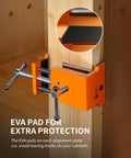 Beefy Pro Grade Cabinet Clamps For Precise Wood Joinery Alignment in use on wood panel, orange, with no-slip grip and EVA pads