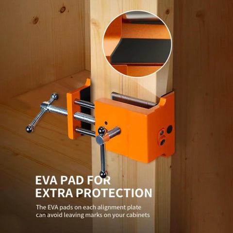 Beefy Pro Grade Cabinet Clamps For Precise Wood Joinery Alignment in use on wood panel, orange, with no-slip grip and EVA pads