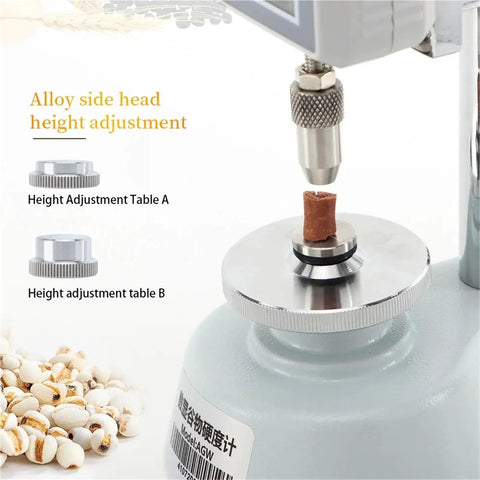 Alloy height adjustment feature of handheld digital hardness tester for corn, wheat, coffee, and feed.