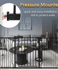 Extra Tall And Extra Wide Baby Gate For Stairs And Doorways Pressure Mounted Walk Through Gate For Babies And Pets Heavy Duty Metal Gate In Black Extends From Forty Seven To Fifty Two Inches Wide Thirty Inches Tall shown pressure mounted in living room entryway.
