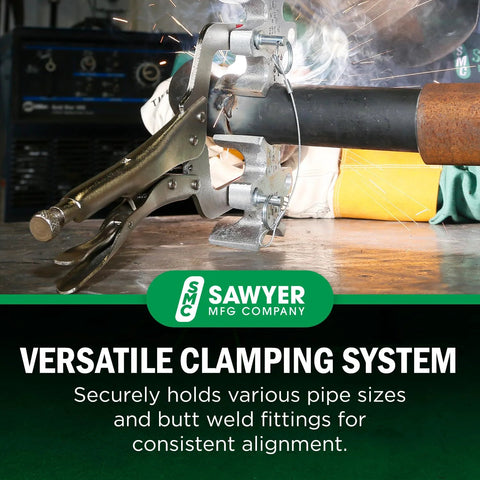 Sawyer Welders 3rd Hand portable pipe welding clamp gripping a steel pipe for butt welds (side view)